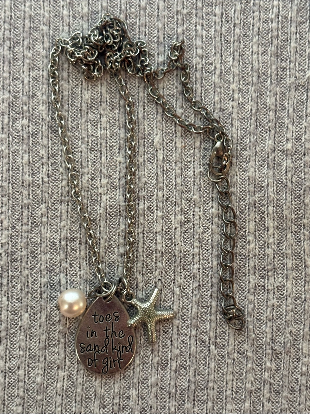 Summer theme silver tone Toes in the Sand Kind of Girl dangly chain necklace
